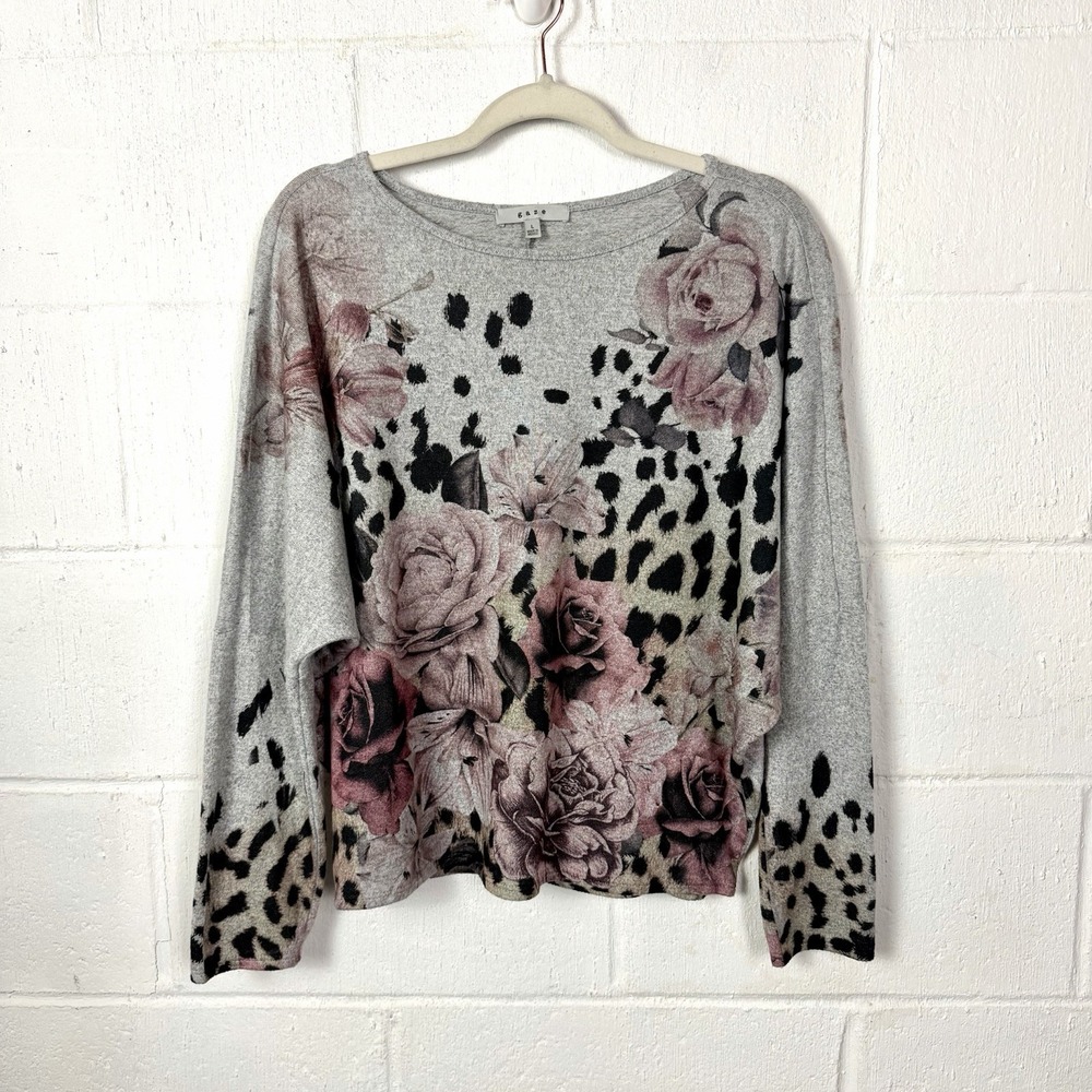 Gaze Relaxed Pullover Sweater SZ L Gray Pink Rose Leopard Maximalist Bohemian